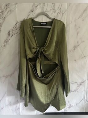 Olive Green Satin Tie-Front Women’s Dress